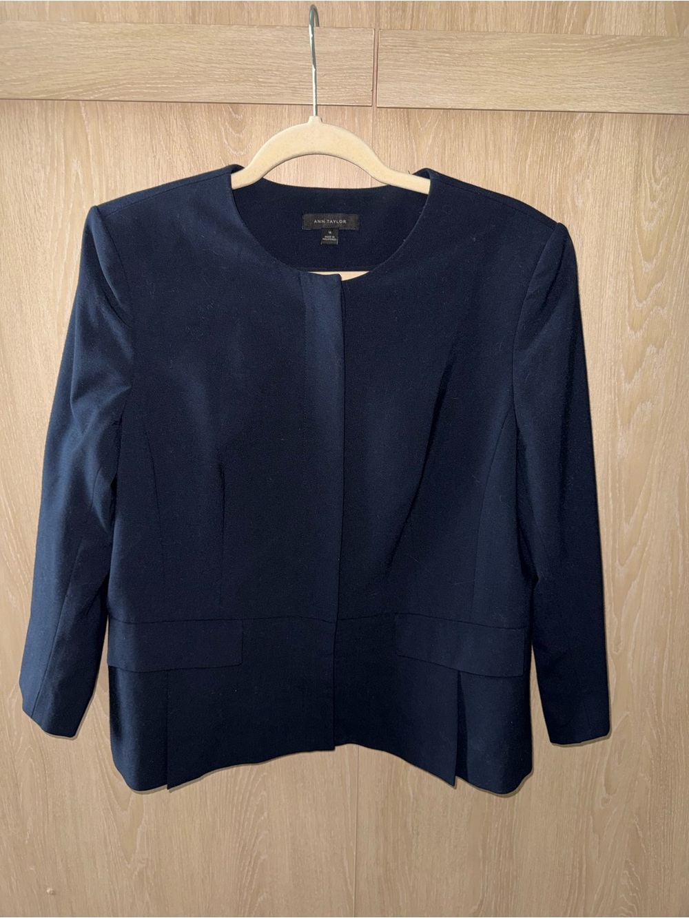 Ann Taylor Women’s Size 14 Navy Blue Collarless Blazer Jacket Career Workwear